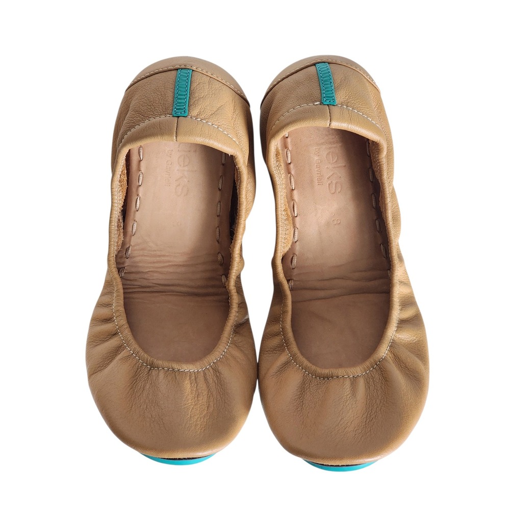 Tieks by Gavrieli Camel Tan Leather Ballet Flats Signature Blue Sole Size 8